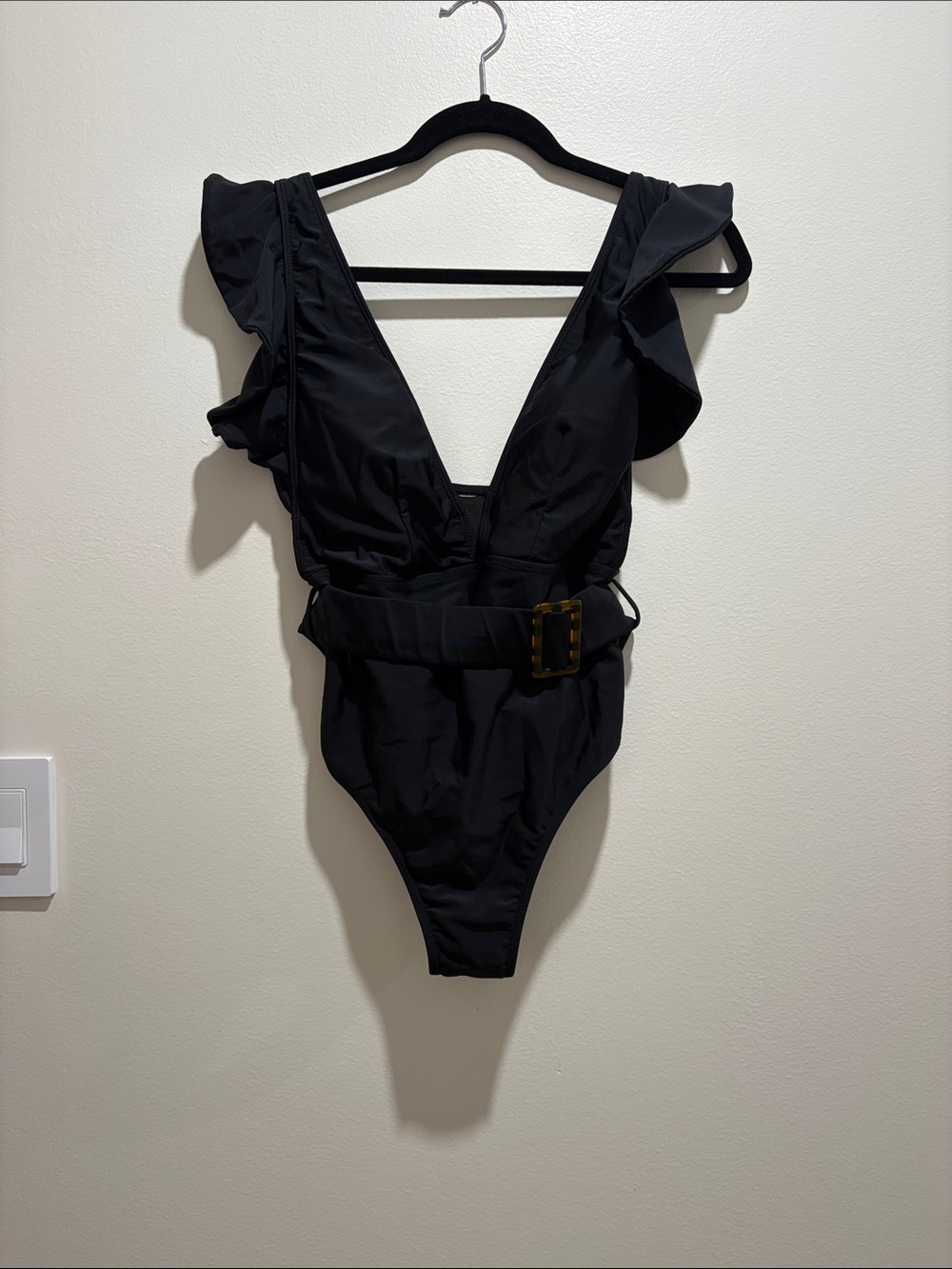 Black Ruffle One-Piece Swimsuit with Belt